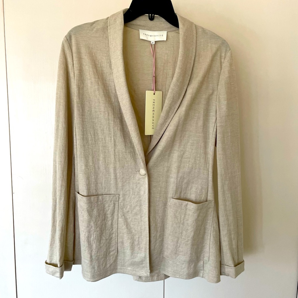 French Mauve NWT Longline Blazer Cream Beige M Shawl Collar Linen Look